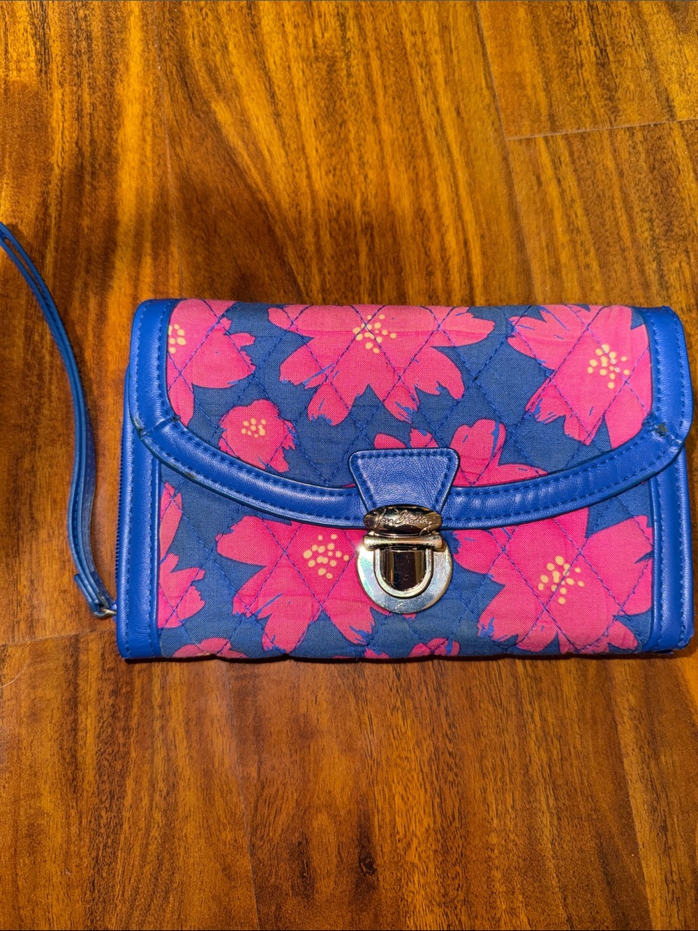 Vera Bradley Blue Quilted Wristlet with Hot Pink Floral Print